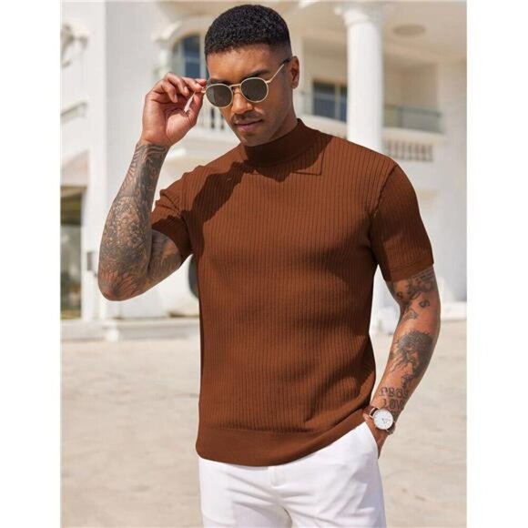 Men's Mock Turtleneck Sweater Short Sleeve Camel Brown - Picture 2 of 5